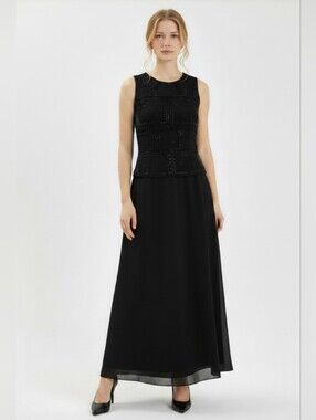 KAREN MILLER, NEW YORK! BLACK BEADED, EMBROIDERED 2 PC LOOK MAXI DRESS! SZ 6P